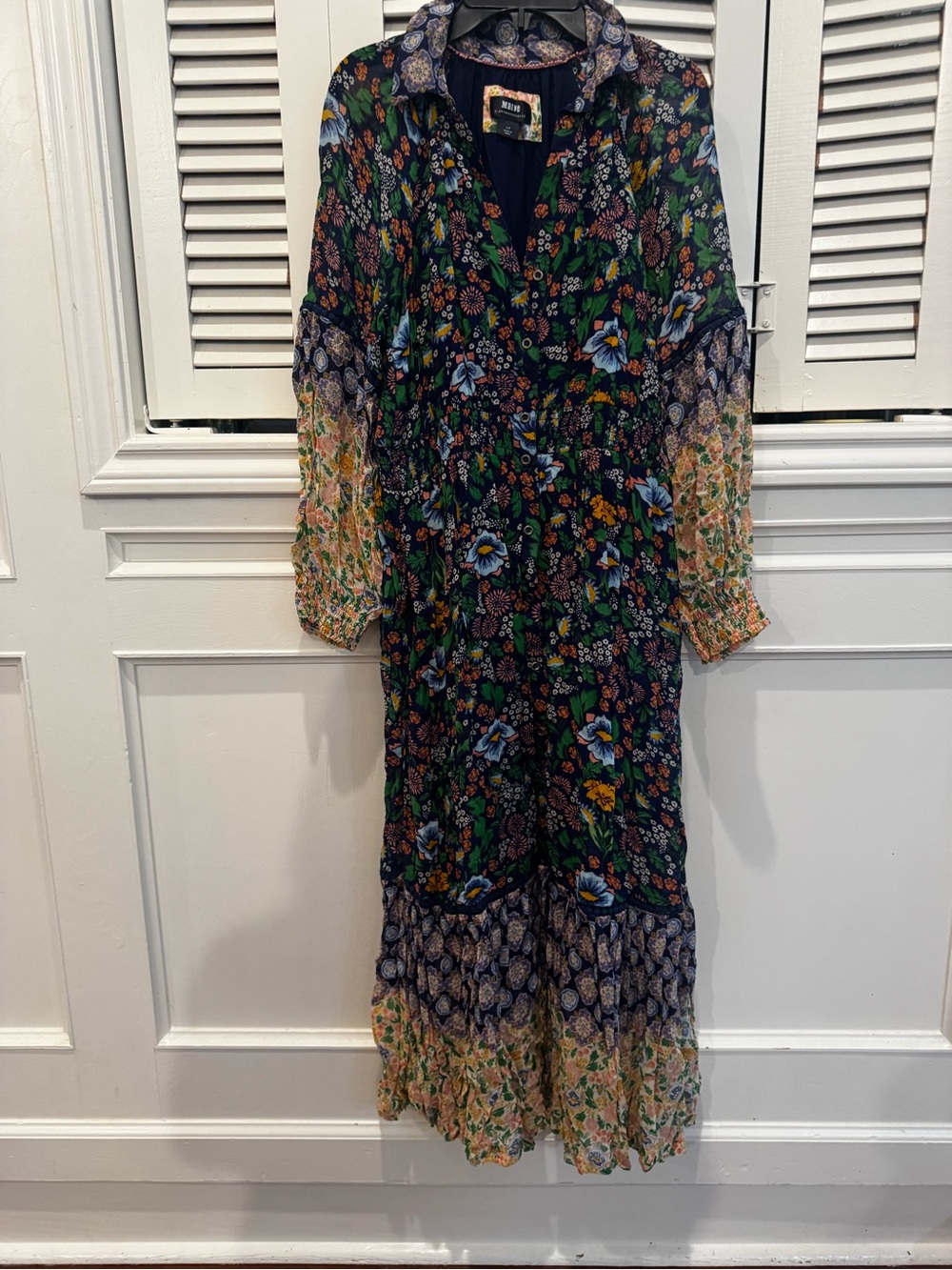 Anthropologie Navy Floral Tiered Maxi with Blue, Green & Yellow Blooms